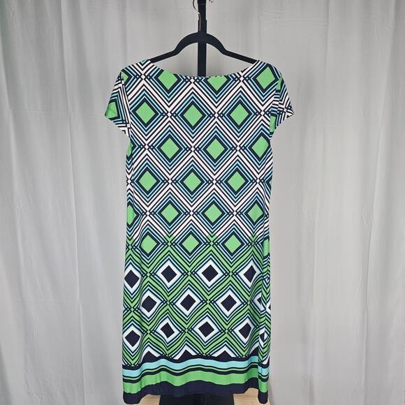 Jessica Howard Geo Print Stretch Sheath Dress Green Blue Size M Retro Mod Style - Picture 3 of 3